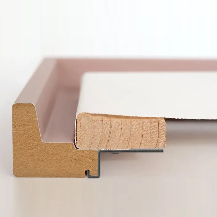 Schattenfugenrahmen Funktionsweise: Querschnitt einer Leinwand auf Keilrahmen, die in einem L-Profil Rahmen aus MDF montiert ist.