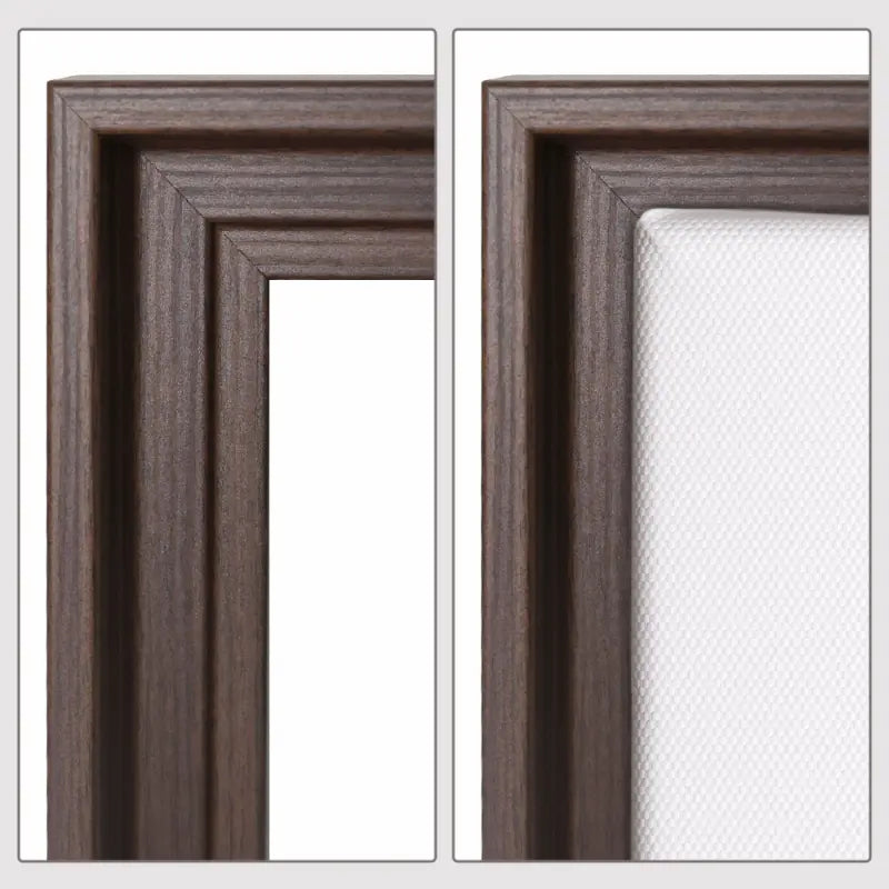 Vergleichsansicht: Brauner Schattenfugenrahmen in Holzoptik leer und mit eingespanntem Leinwandbild zur Darstellung des Schwebeeffekts.