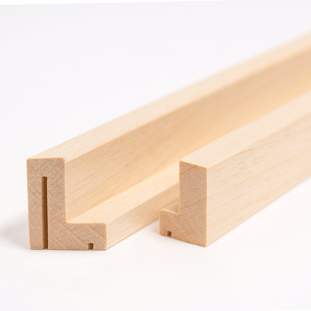 Schattenfugenrahmen aus Massivholz Abachi im Gehrungsschnitt, hochwertige Holzleisten mit durchgehender Nut, ideal für Keilrahmen und Leinwände – Produktfoto vor weißem Studiohintergrund.