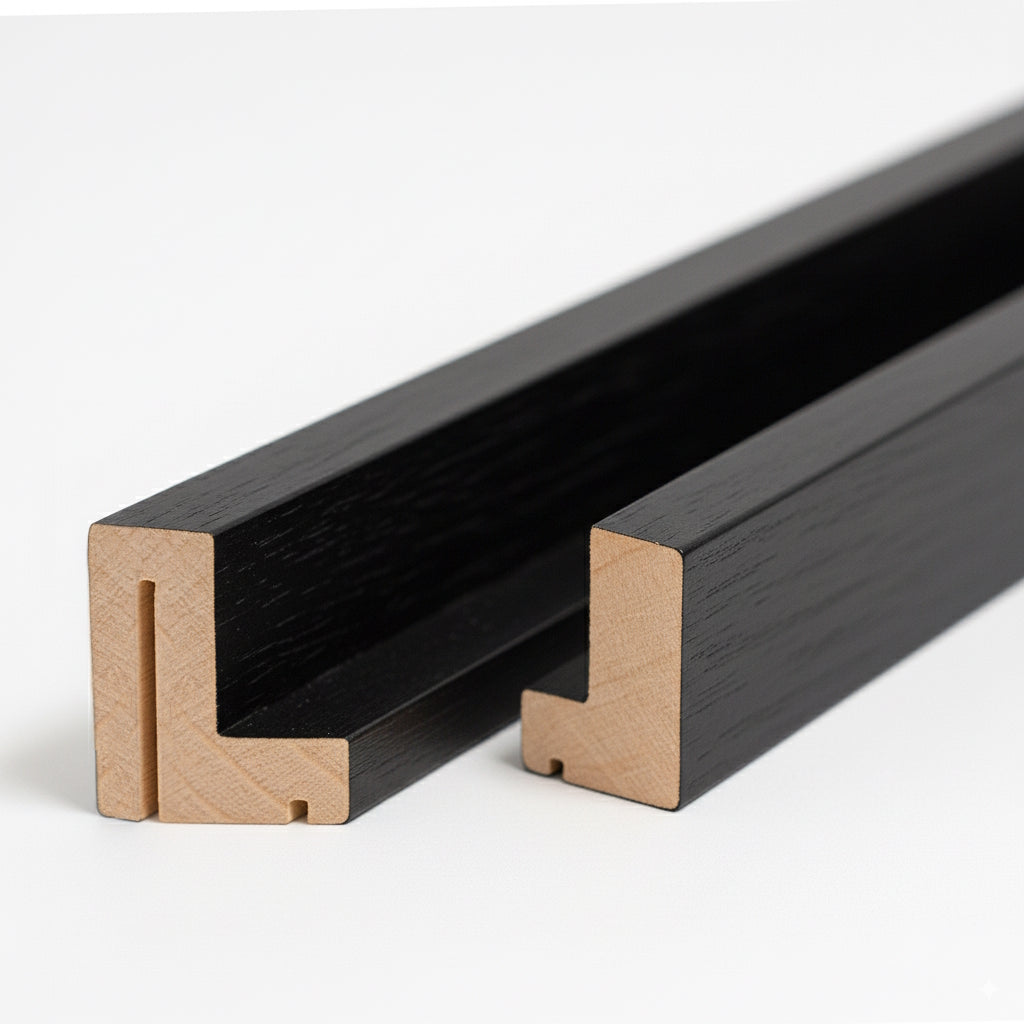 Schattenfugenrahmen aus Massivholz Abachi im Gehrungsschnitt, hochwertige Holzleisten mit durchgehender Nut, ideal für Keilrahmen und Leinwände – Produktfoto vor weißem Studiohintergrund.