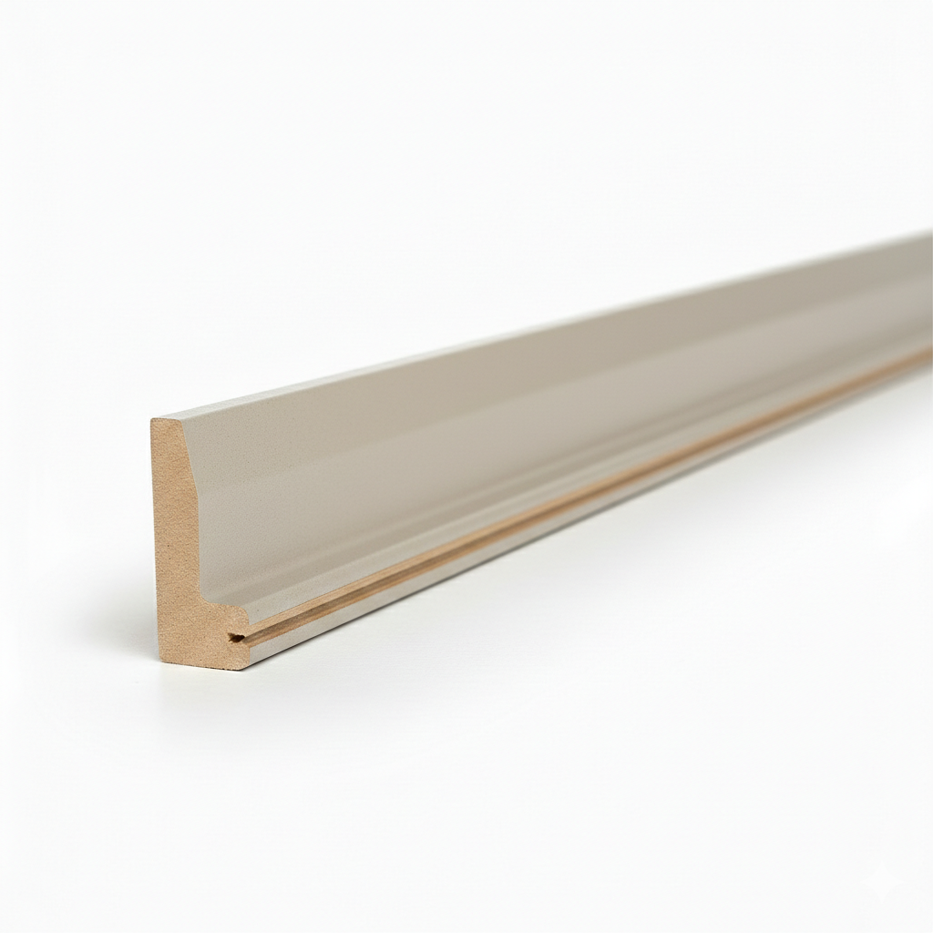 Schattenfugenrahmen-Profil aus MDF mit Sandbeige matt-Dekorfolie, 45-Grad-Gehrungsschnitt mit sichtbarem Holzkern, fotorealistische Studioaufnahme auf weißem Hintergrund.