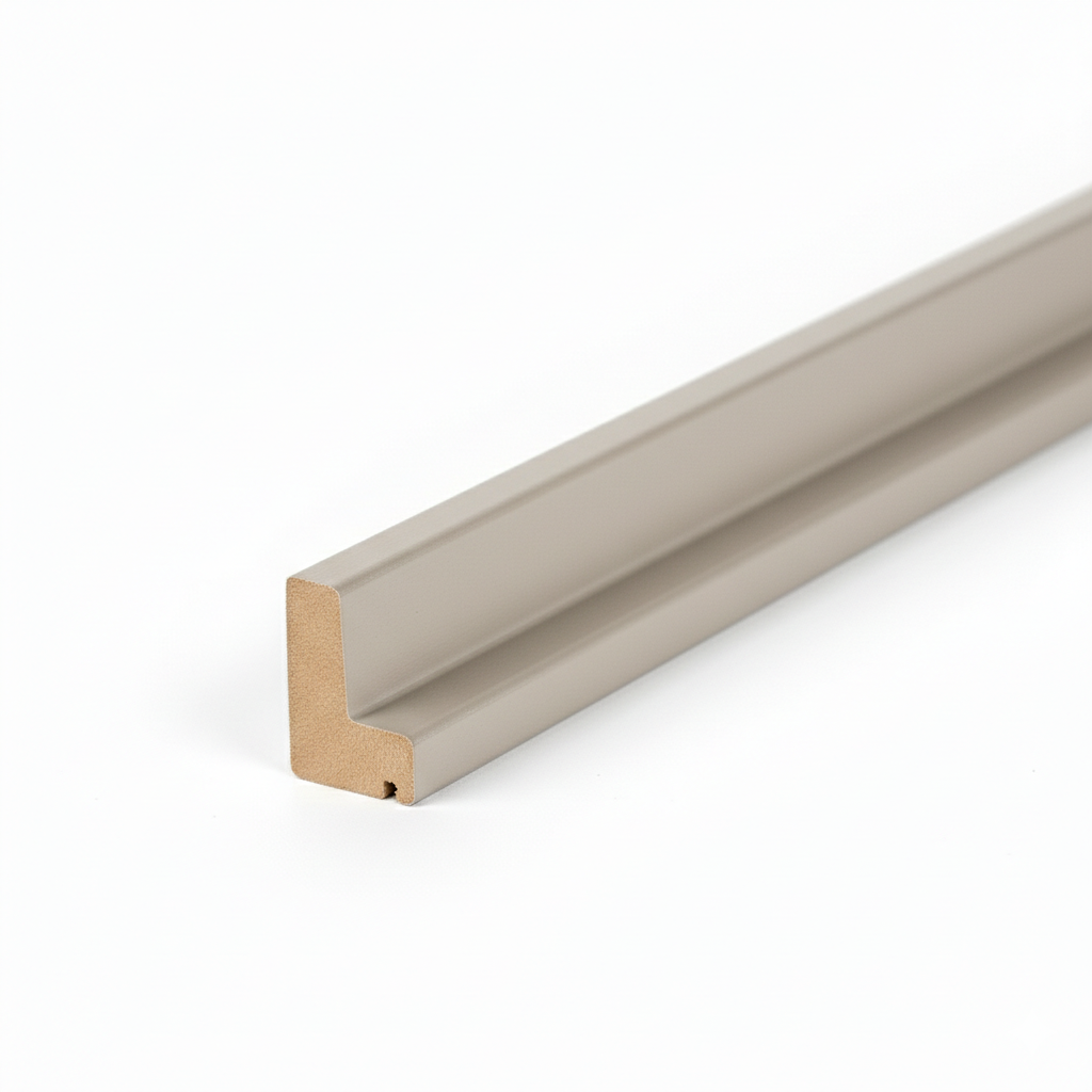 Schattenfugenrahmen-Profil aus MDF mit hochwertiger Sandbeige matter Dekorfolie.