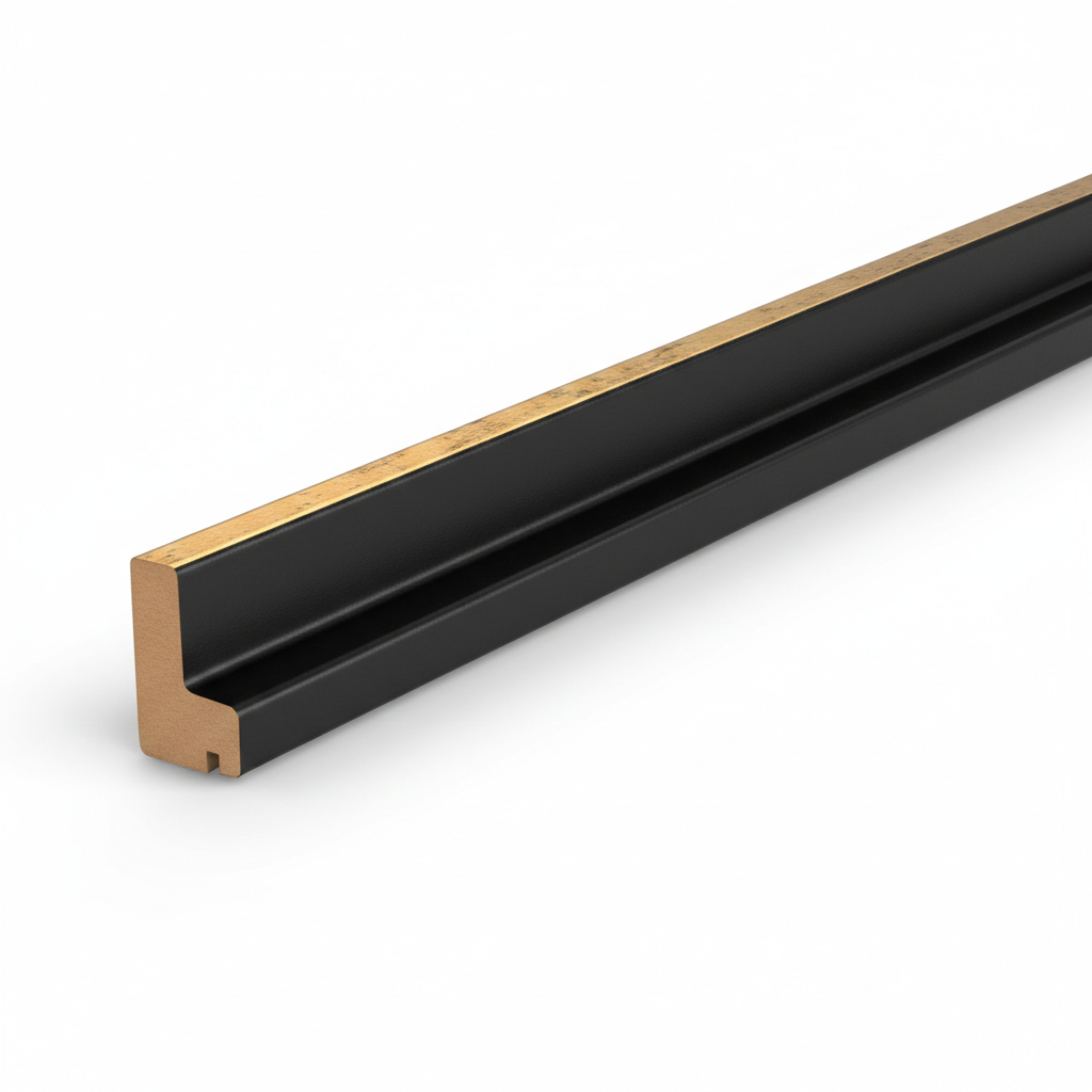 Schattenfugenrahmen-Profil aus MDF mit hochwertiger Schwarz Goldglanz Antik Dekorfolie.