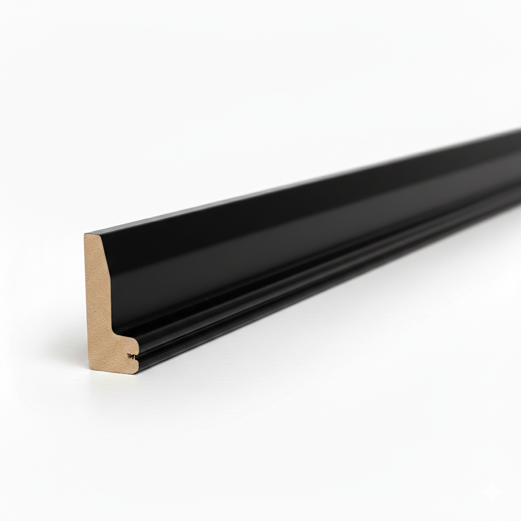 Schattenfugenrahmen-Profil aus MDF mit Schwarz matt-Dekorfolie, 45-Grad-Gehrungsschnitt mit sichtbarem Holzkern, fotorealistische Studioaufnahme auf weißem Hintergrund.
