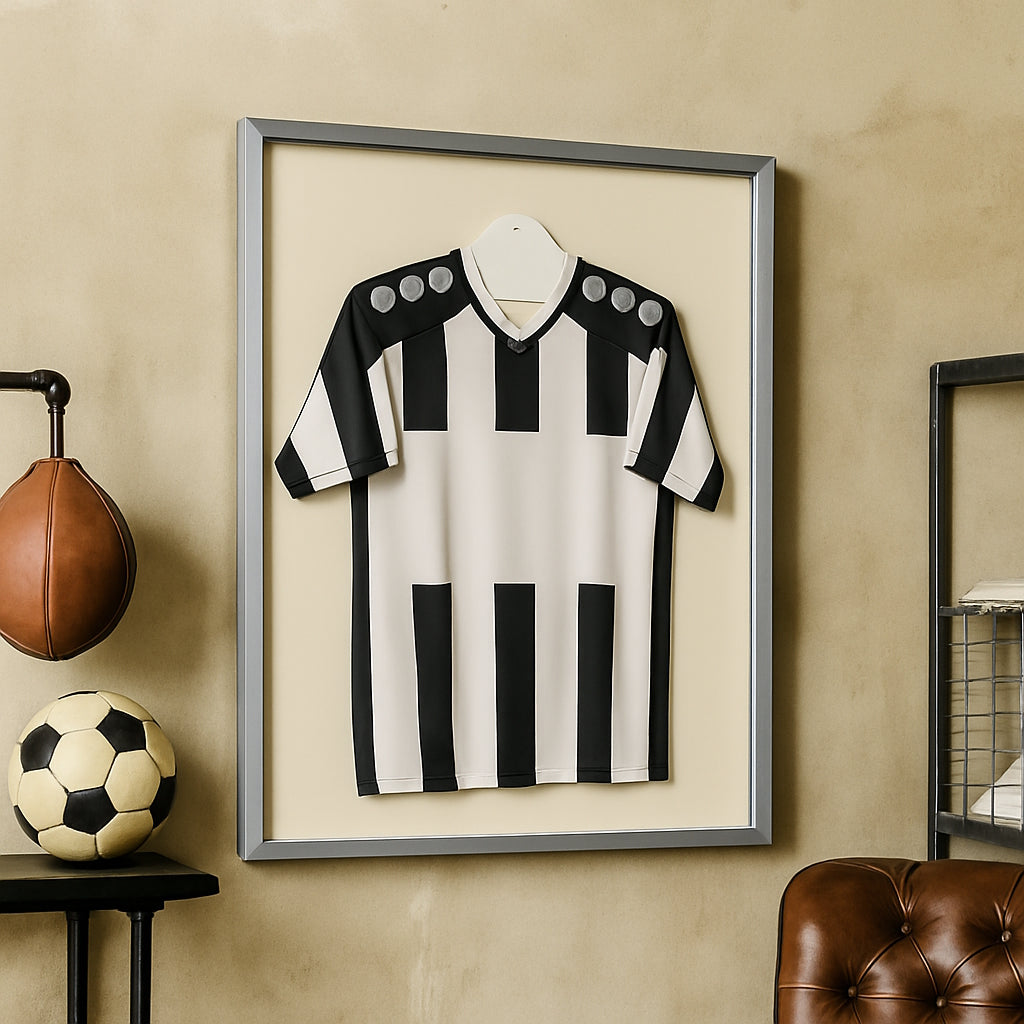 Mattsilbener Bilderrahmen mit eingerahmtem schwarz-weißem Trikot in sportlicher Wohnraumdekoration