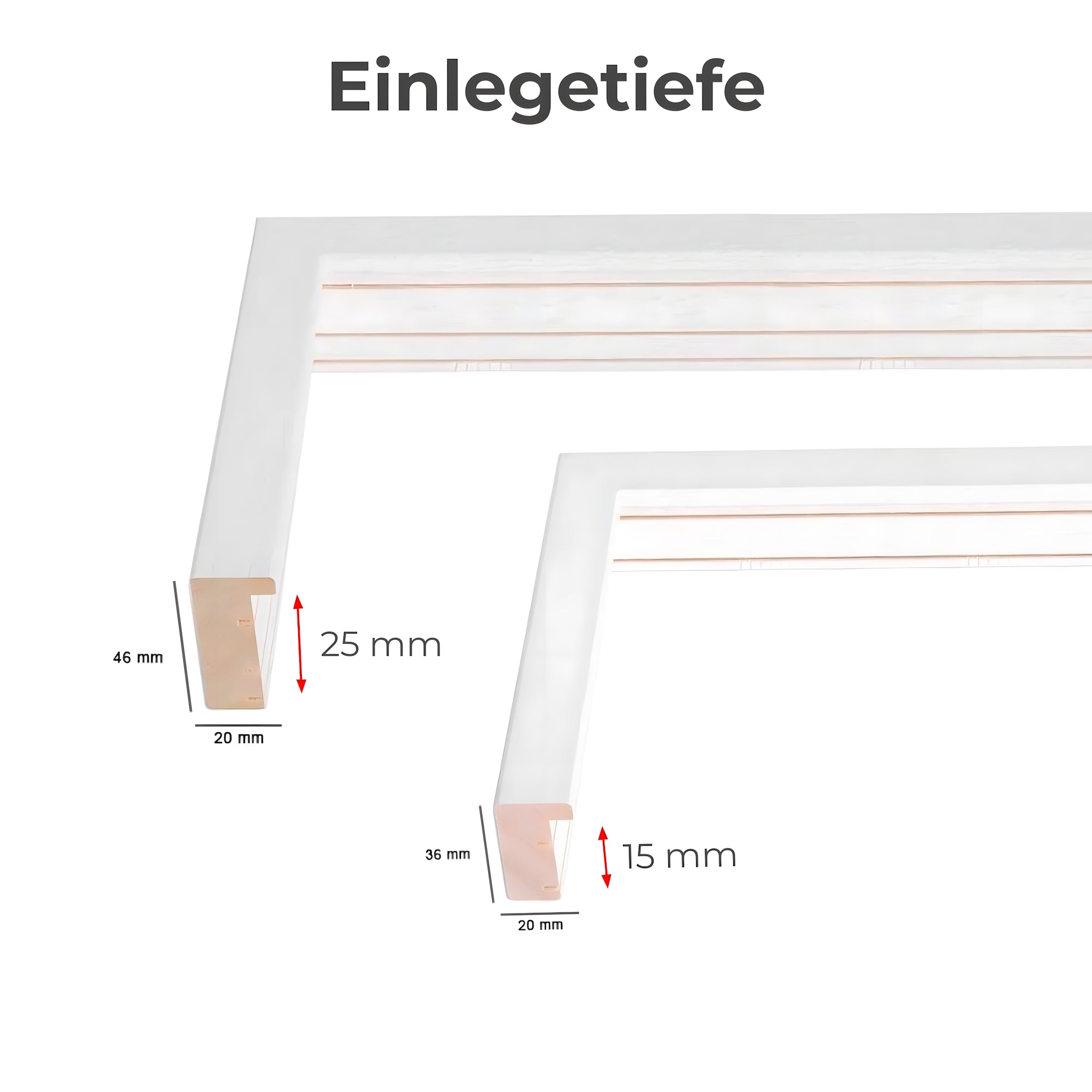 Technische Darstellung der zwei Einlegetiefen eines weißen Bilderrahmens – 15 mm und 25 mm – mit Maßangaben und Profilansicht.