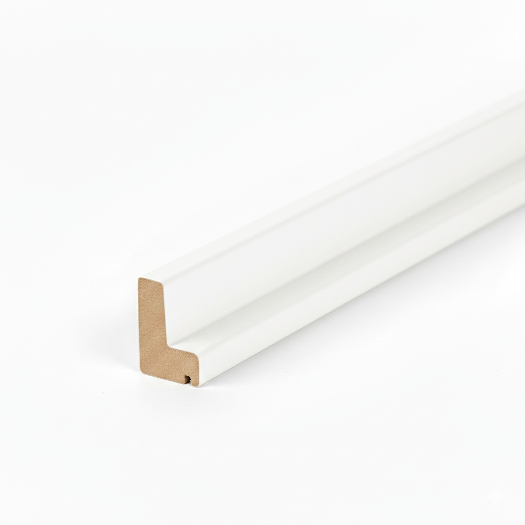 Schattenfugenrahmen-Profil aus MDF mit hochwertiger Weiß matt Dekorfolie.