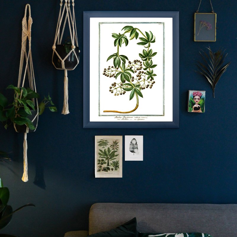 Ein Pastellrahmen hängt in einem modernen Ambiete an einer dunkelblauen Wand neben zwei Hängepflanzen