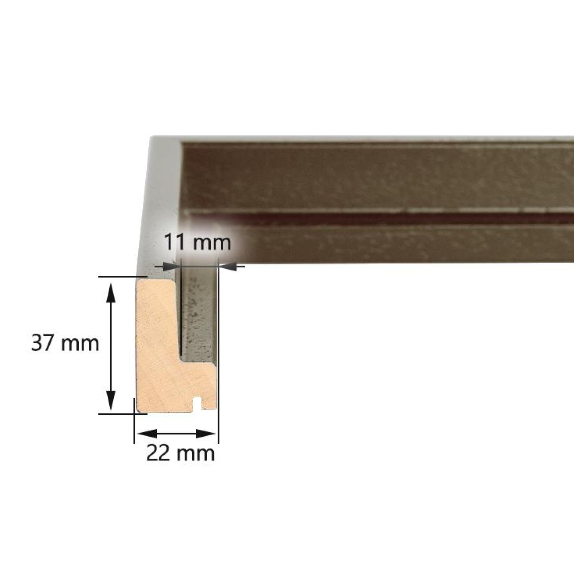 Schattenfugenrahmen in Braun Metallic mit Maßangaben – ideal als Rahmen für Leinwand, Gemälde und Keilrahmen für eine stilvolle Präsentation.