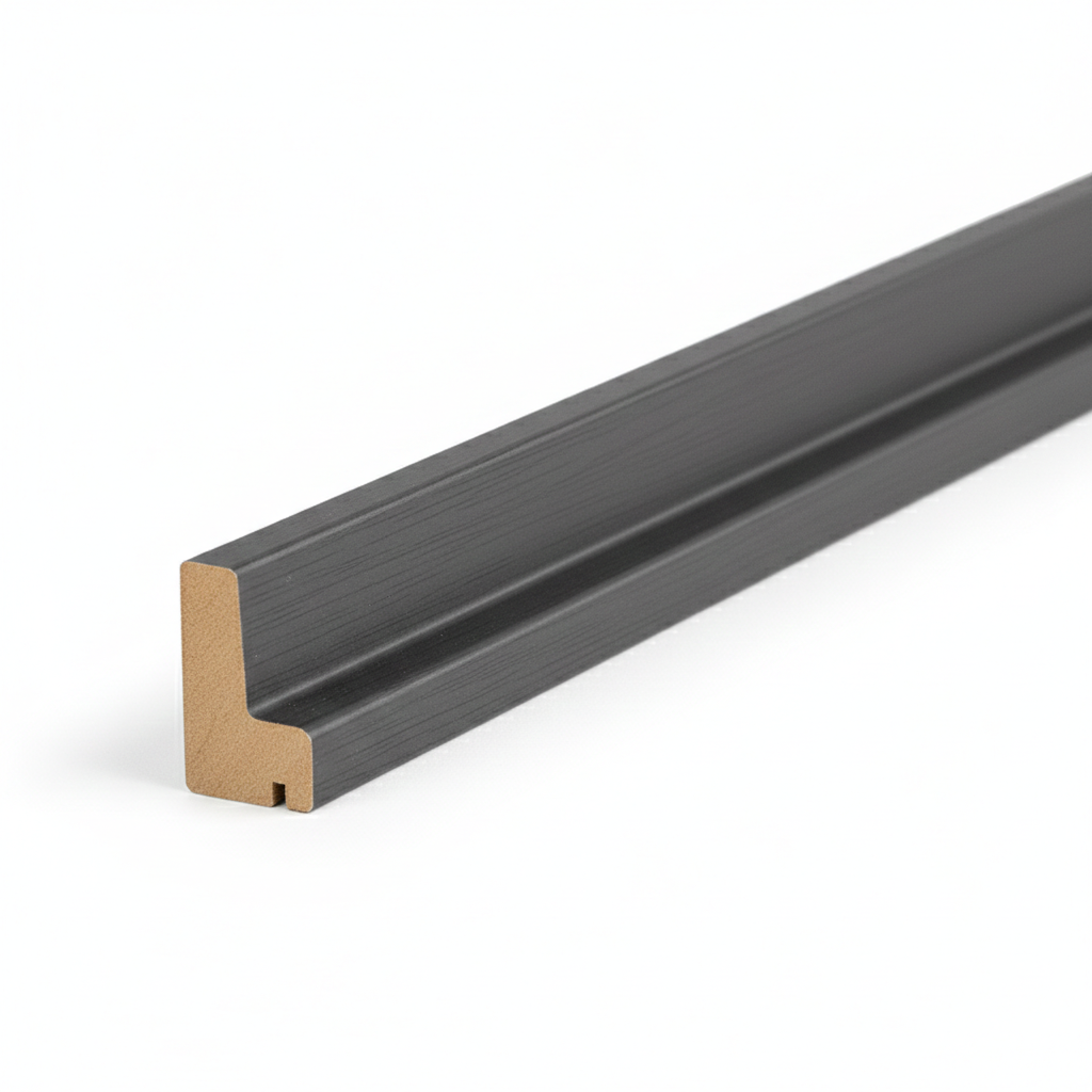 Schattenfugenrahmen-Profil aus MDF mit hochwertiger Dunkelgrau Dekorfolie.
