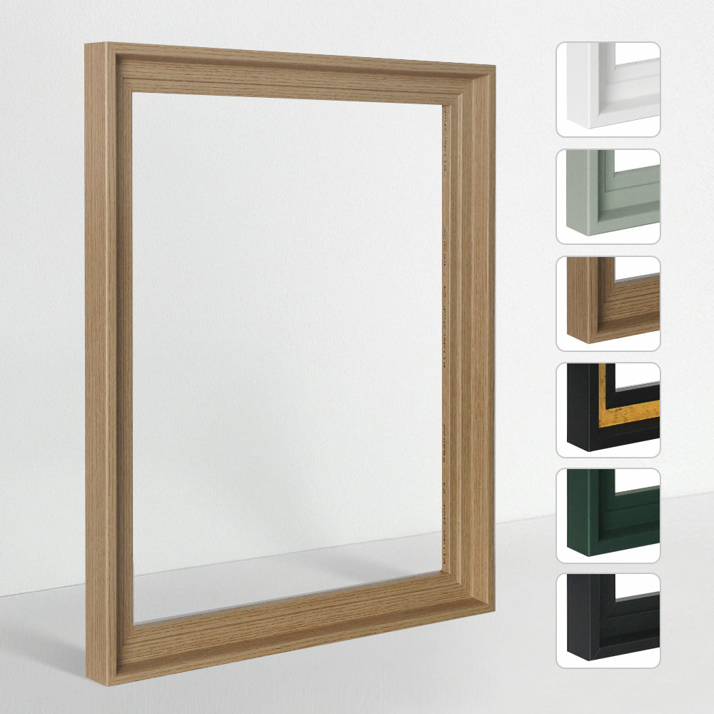 Moderner Bilderrahmen als Schattenfuge in Eiche Dekor; Seitenleiste zeigt verschiedene Profile in Holzoptik, Matt-Schwarz und Trendfarben.