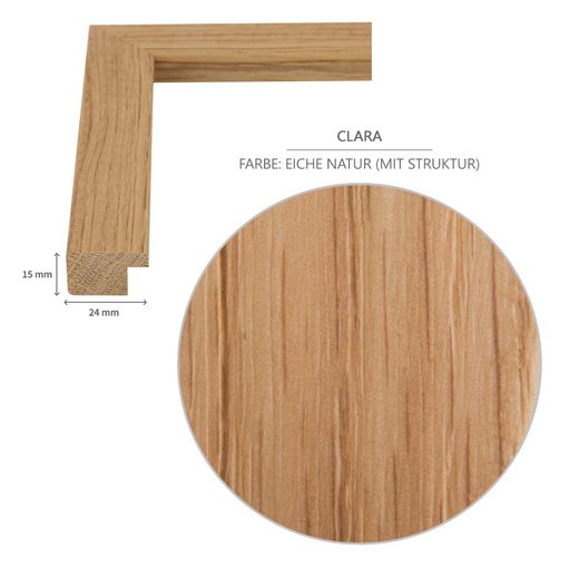 Detailaufnahme der natürlichen Holzmaserung des Bilderrahmens aus massivem Eichenholz, hochwertig verarbeitet. mit 24 mm breitem und 15 mm hohem Rahmenprofil 