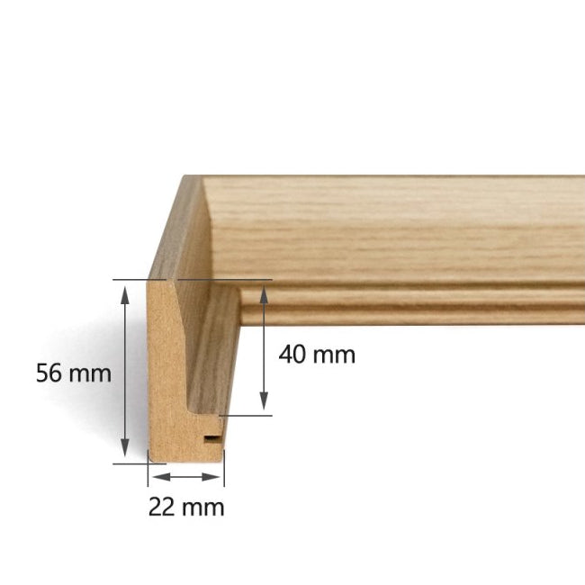 Detailansicht der Dekorfolie und der Querschnitt des Schattenfugenrahmens mit einem 22 mm breiten und 56 mm hohen Profil