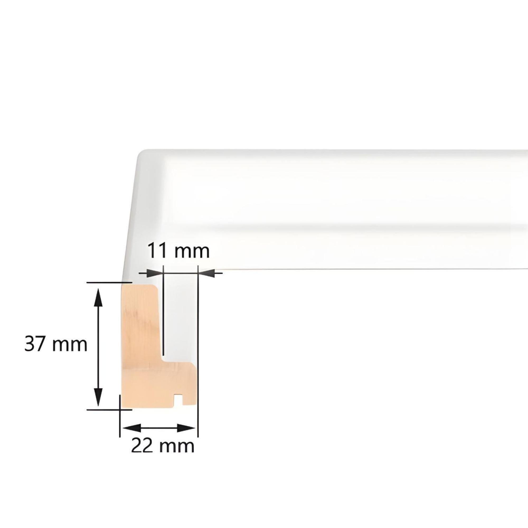 Schattenfugenrahmen in weiß matt mit Maßangaben – ideal als Rahmen für Leinwand, Gemälde und Keilrahmen für eine stilvolle Präsentation.