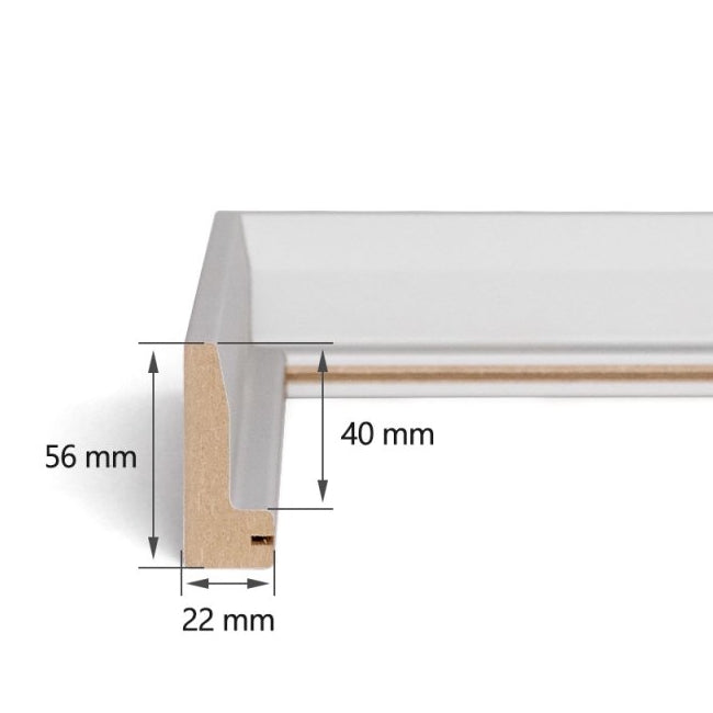 Detailansicht der Dekorfolie und der Querschnitt des Schattenfugenrahmens mit einem 22 mm breiten und 56 mm hohen Profil