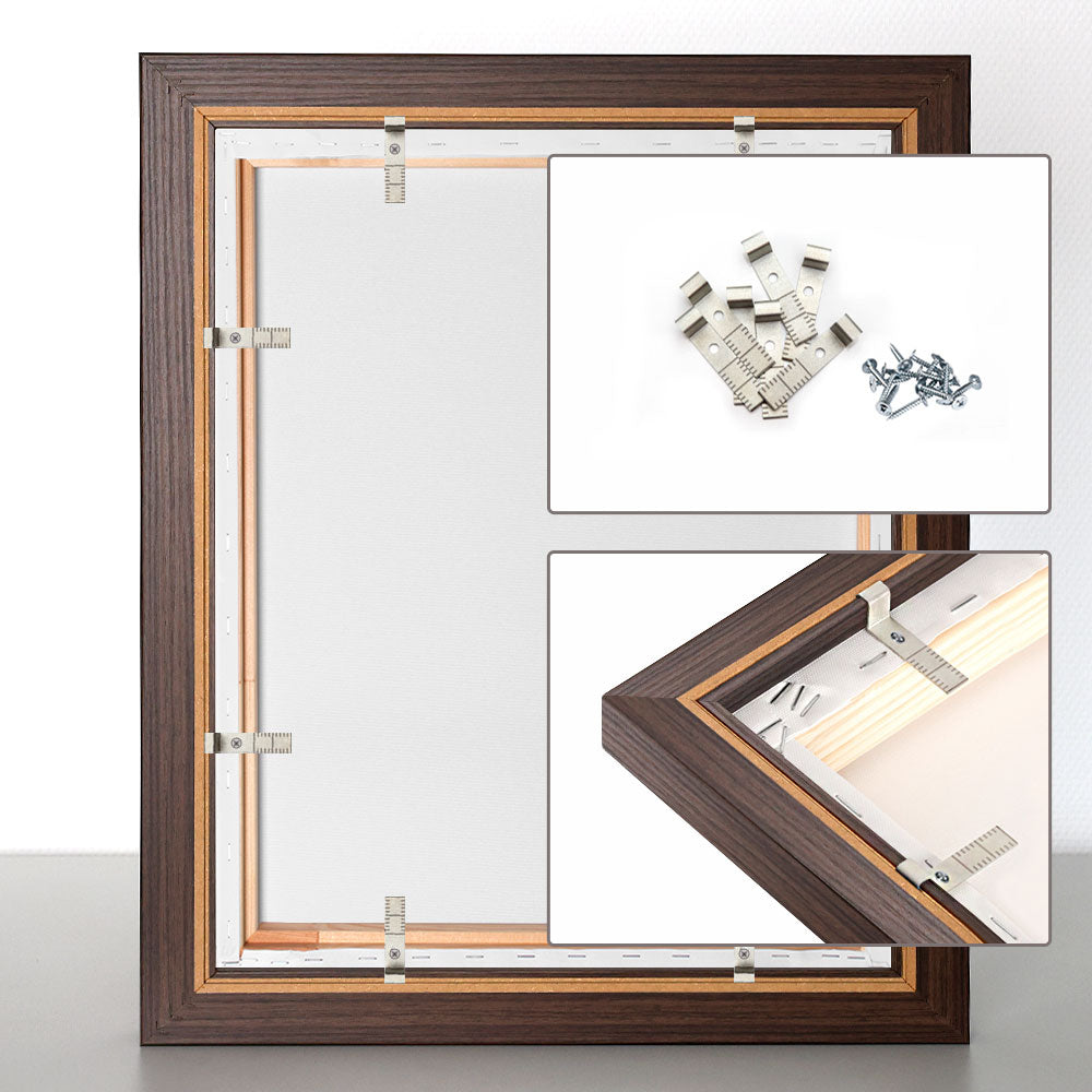 Montage-Set für Schattenfugenrahmen: Rückansicht einer Leinwand mit Metall-Federklammern und Schrauben zur sicheren Befestierung im Holzrahmen.