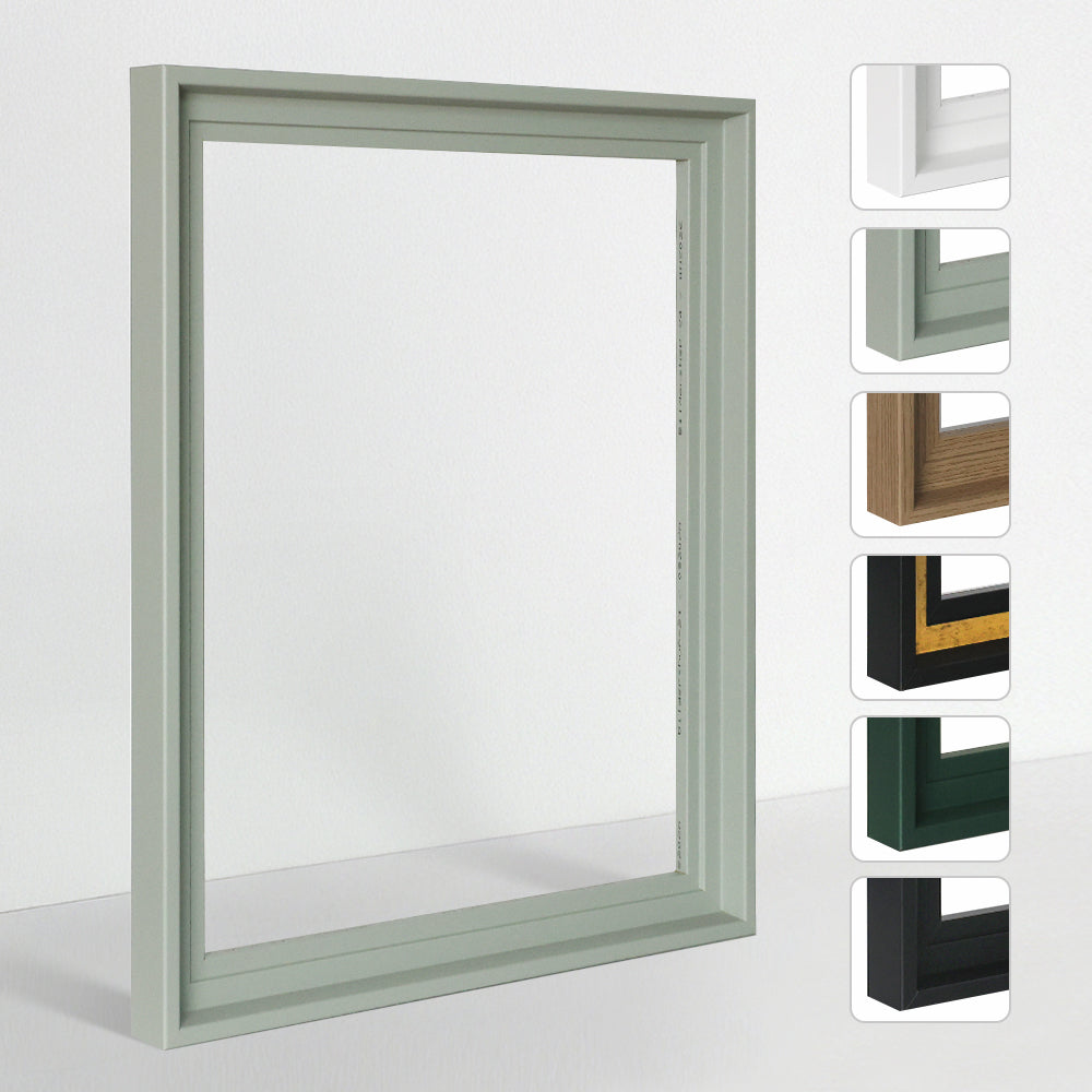 Moderner Bilderrahmen als Schattenfuge in Pastellgrün; Seitenleiste zeigt verschiedene Profile in Holzoptik, Matt-Schwarz und Trendfarben.