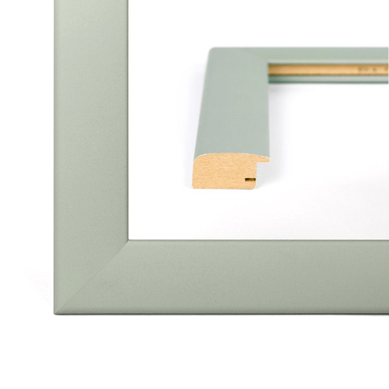 Gehrung eines Bilderrahmens im Pastell Farbton Pastellgrün mit rundem, modernen Profil