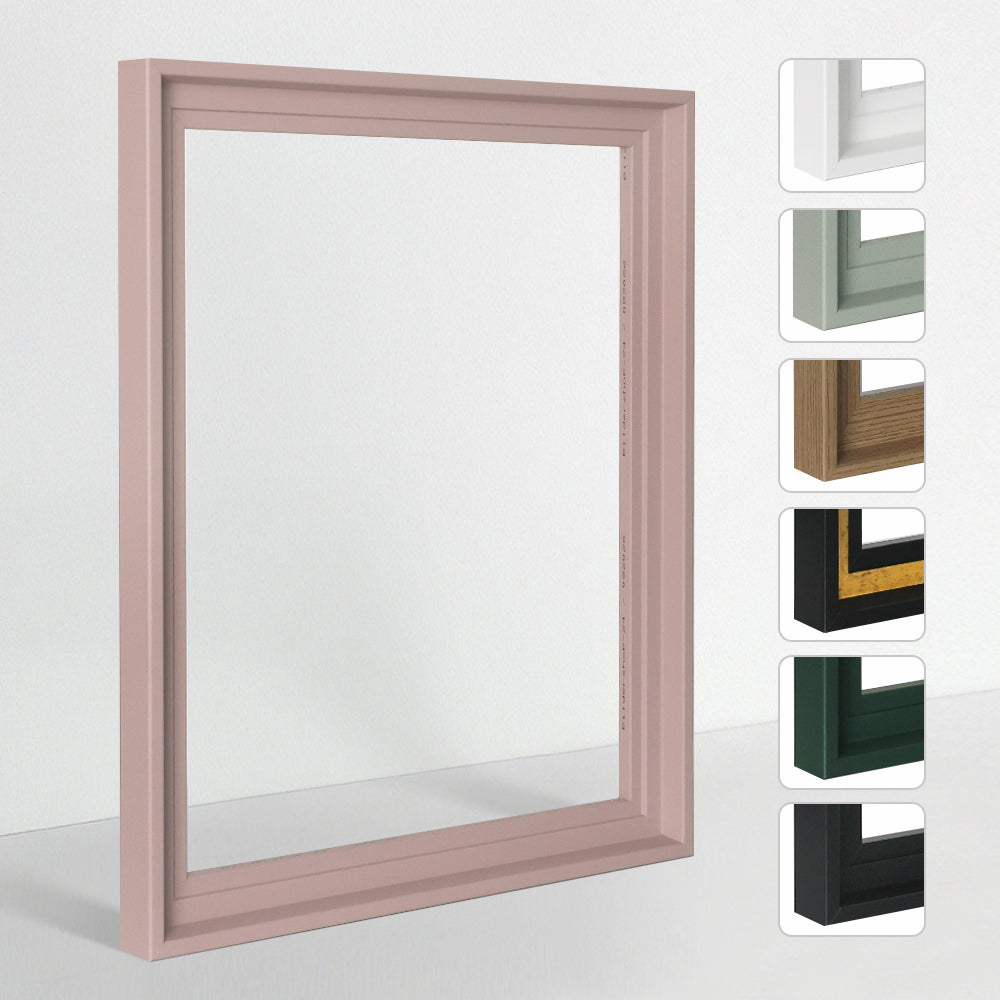 Moderner Bilderrahmen als Schattenfuge in Pastellrosa; Seitenleiste zeigt verschiedene Profile in Holzoptik, Matt-Schwarz und Trendfarben.