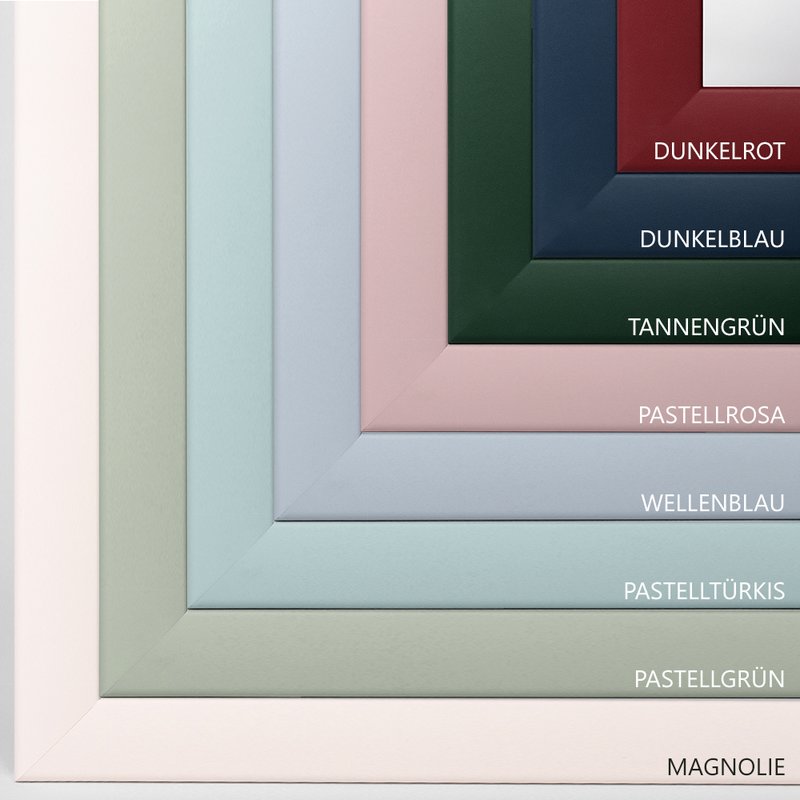 Der Rahmen ist in acht verschiedenen matten Pastell Farbtönen erhältlich, Dunkelrot, Dunkelblau, Tannengrün, Pastellrosa, Wellenblau, Pastelltürkis, Pastellgrün, Magnolie