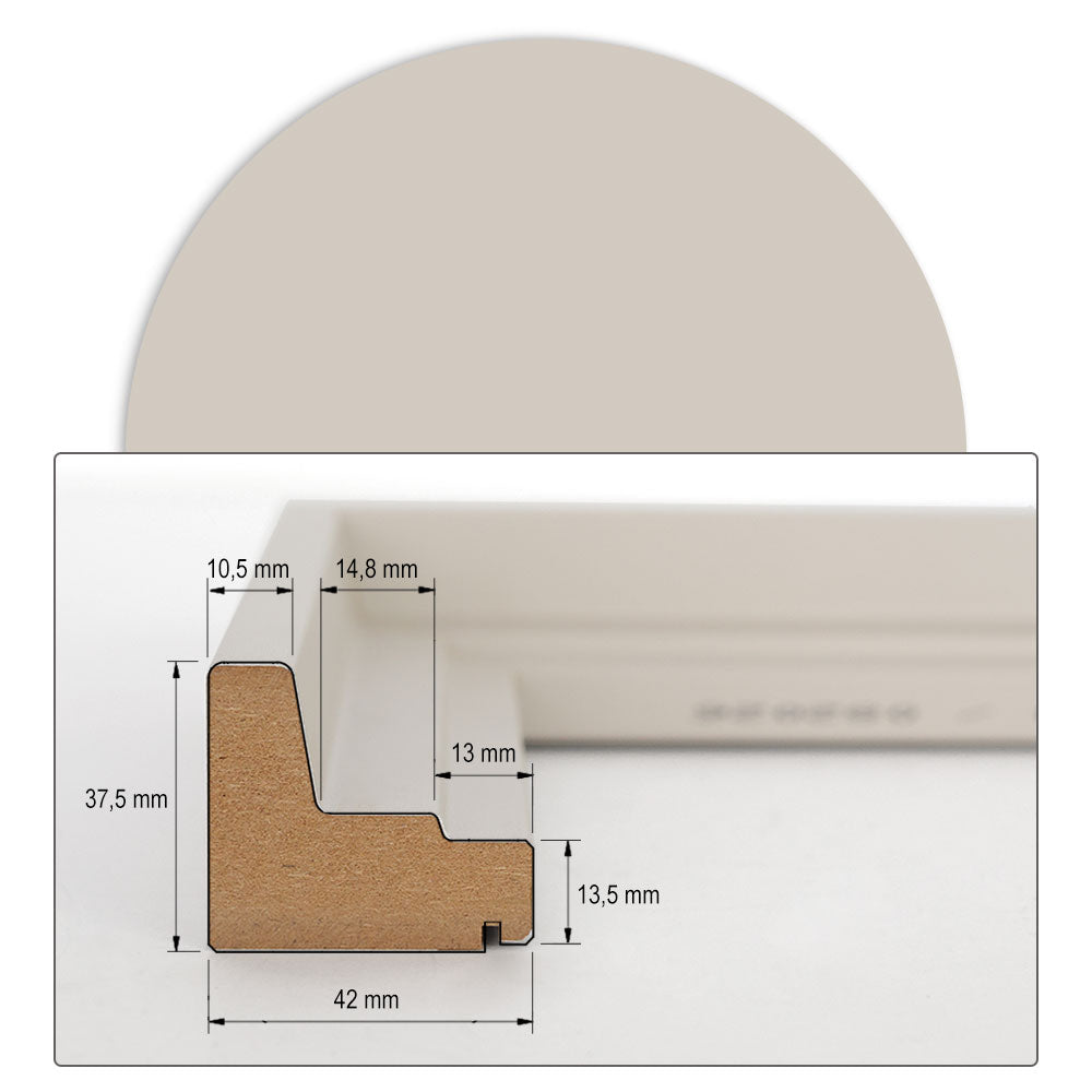 Technisches Maßblatt: Querschnitt eines Schattenfugenrahmens aus MDF in Weiß mit 37,5 mm Höhe und 42 mm Breite inkl. detaillierter Millimeter-Angaben.