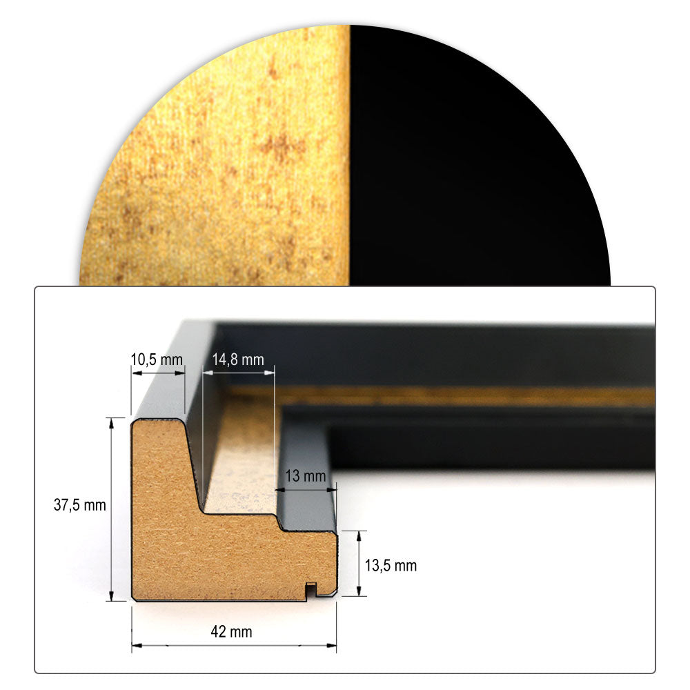 Technisches Maßblatt: Querschnitt eines Schattenfugenrahmens aus MDF in Weiß mit 37,5 mm Höhe und 42 mm Breite inkl. detaillierter Millimeter-Angaben.