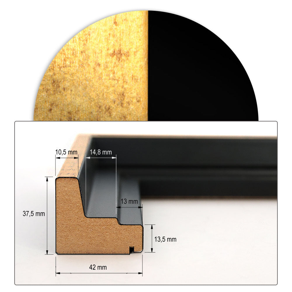 Technisches Maßblatt: Querschnitt eines Schattenfugenrahmens aus MDF in Weiß mit 37,5 mm Höhe und 42 mm Breite inkl. detaillierter Millimeter-Angaben.