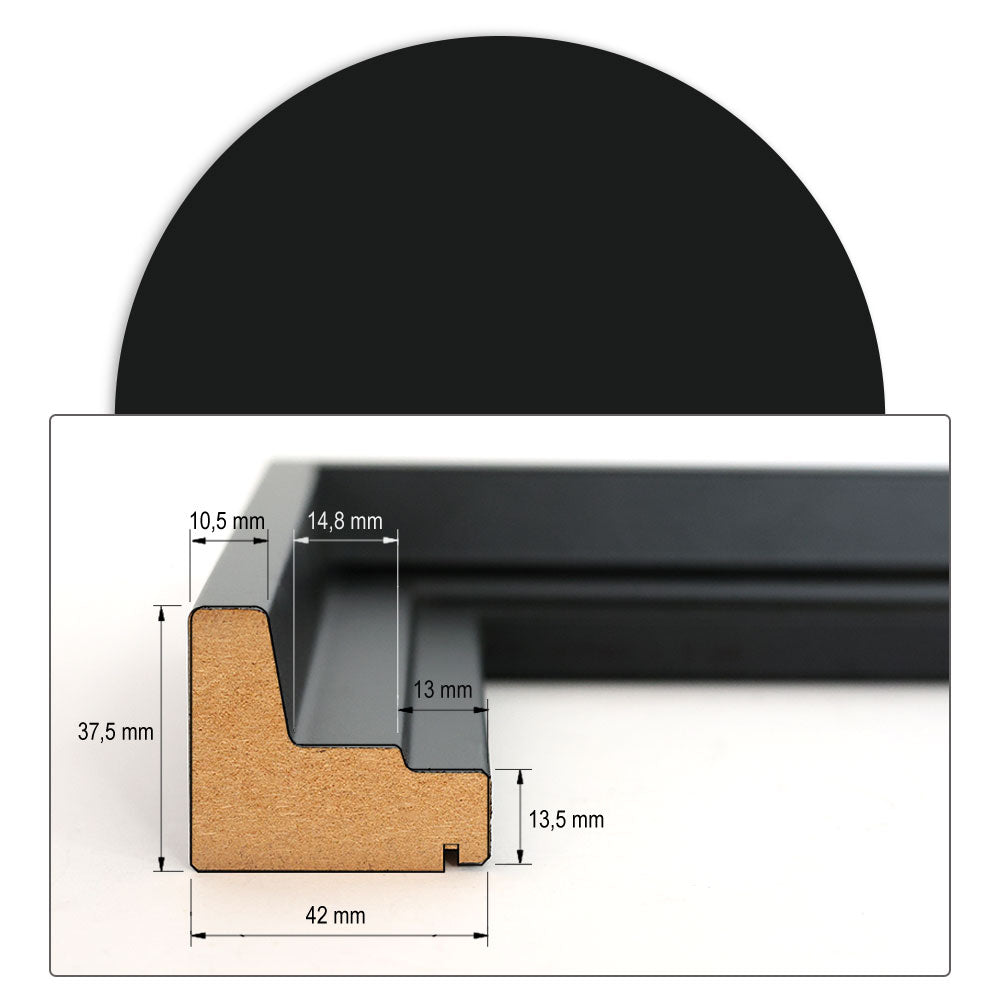 Technisches Maßblatt: Querschnitt eines Schattenfugenrahmens aus MDF in Weiß mit 37,5 mm Höhe und 42 mm Breite inkl. detaillierter Millimeter-Angaben.