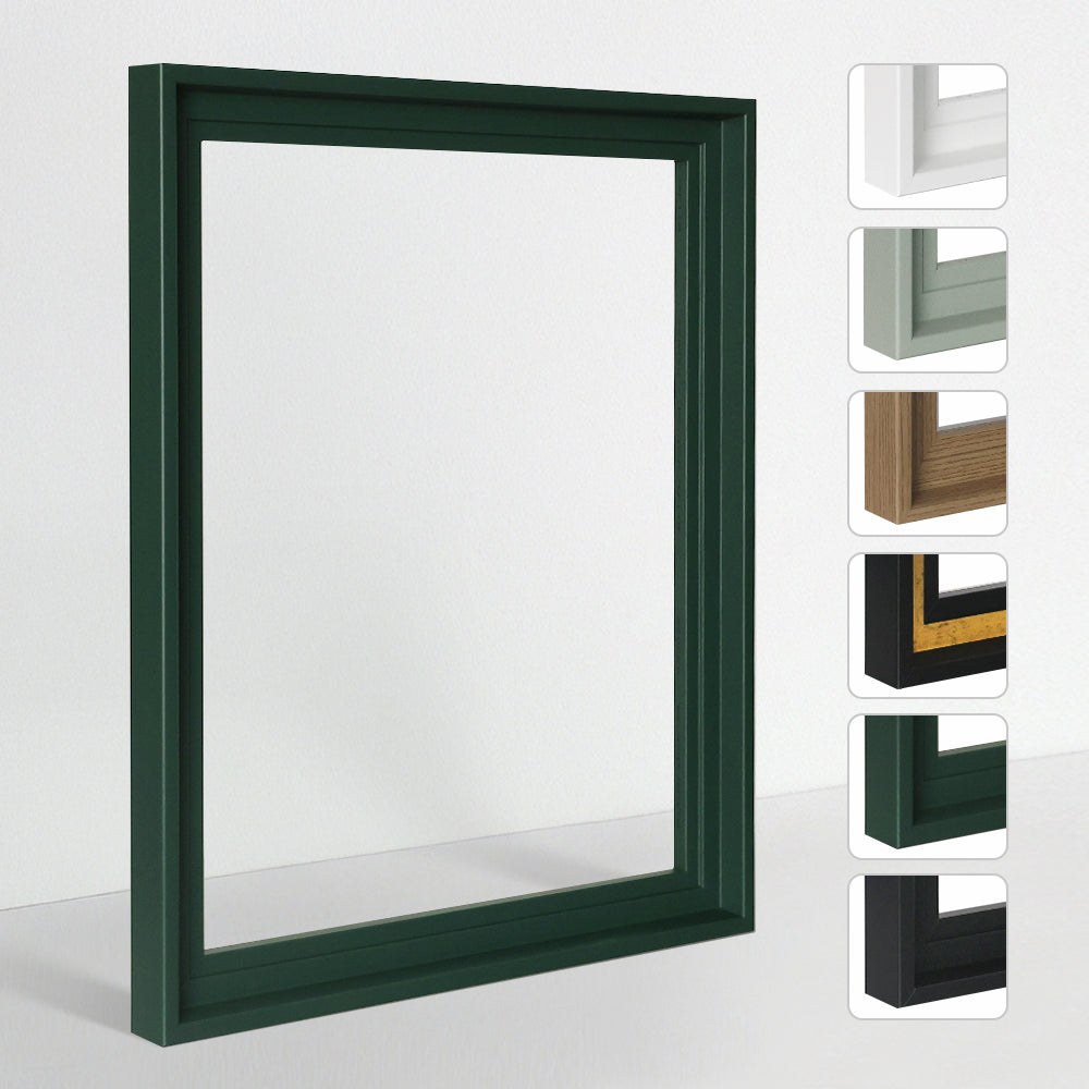 Moderner Bilderrahmen als Schattenfuge in Tannengrün; Seitenleiste zeigt verschiedene Profile in Holzoptik, Matt-Schwarz und Trendfarben.