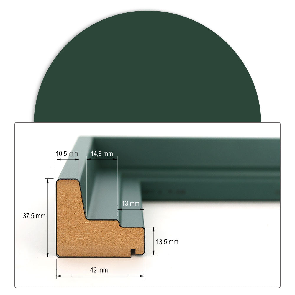 Technisches Maßblatt: Querschnitt eines Schattenfugenrahmens aus MDF in Weiß mit 37,5 mm Höhe und 42 mm Breite inkl. detaillierter Millimeter-Angaben.