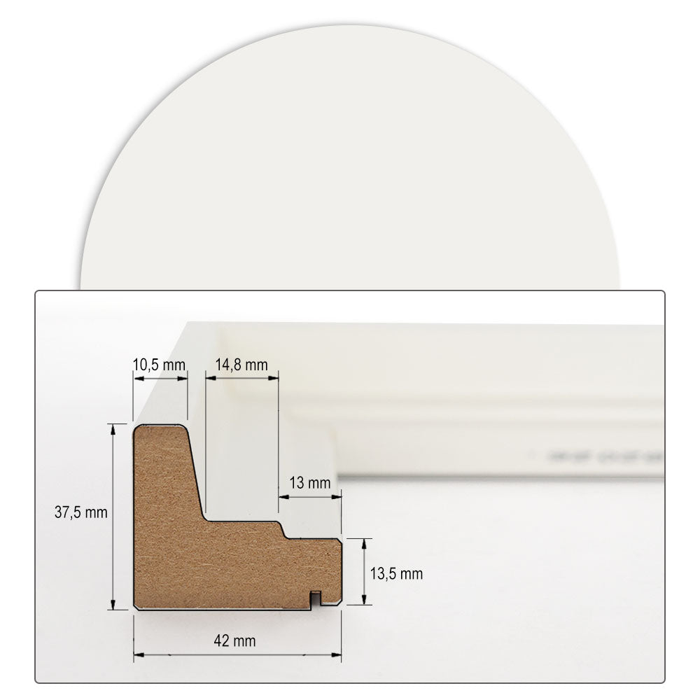 Technisches Maßblatt: Querschnitt eines Schattenfugenrahmens aus MDF in Weiß mit 37,5 mm Höhe und 42 mm Breite inkl. detaillierter Millimeter-Angaben.