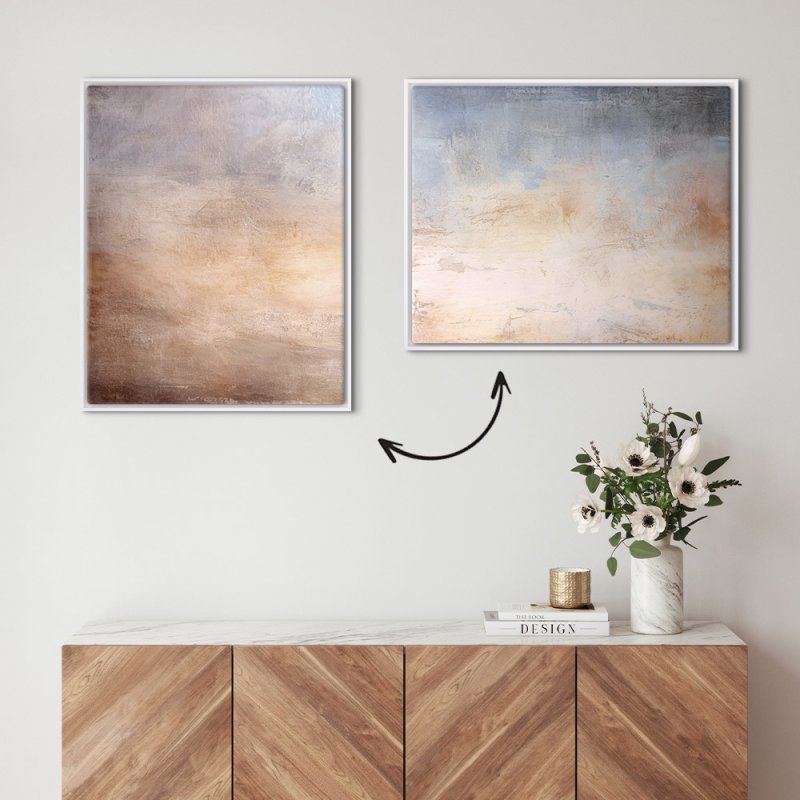 Der Schattenfugenrahmen hängt an einer Wand einmal horizontal und einmal in vertikaler Ausrichtung