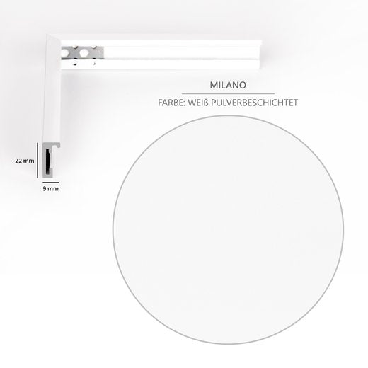 Querschnitt des Milano-Bilderrahmens in Weiß eloxiertem Aluminium, Breite 9 mm, Höhe 22 mm.