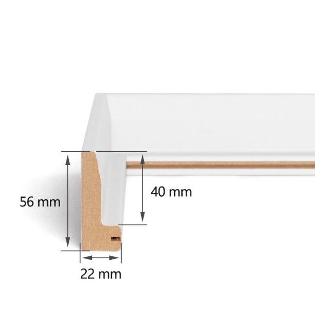 Detailansicht der Dekorfolie und der Querschnitt des Schattenfugenrahmens mit einem 22 mm breiten und 56 mm hohen Profil