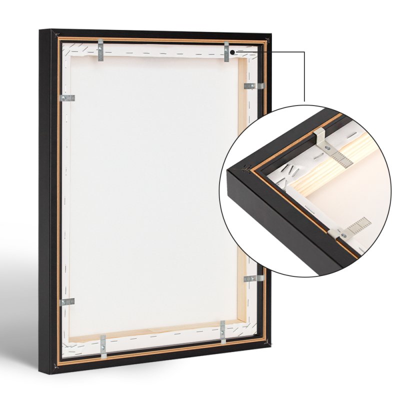 Sichere Befestigung der Leinwand im Schattenfugenrahmen: Detailansicht der Metall-Montagewinkel zur Fixierung des Keilrahmens.