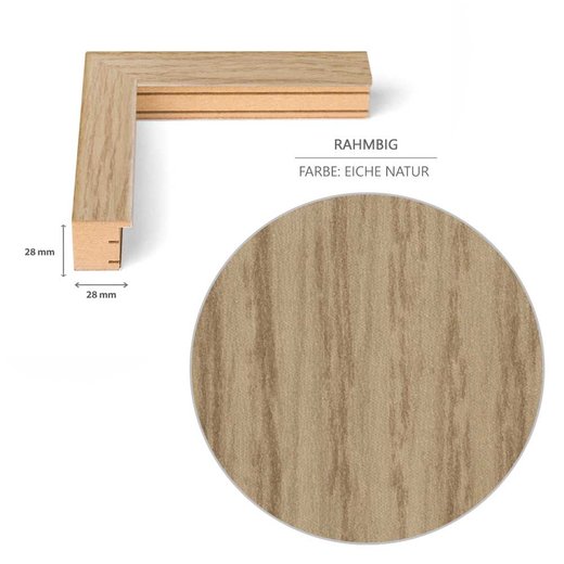 Eine Gehrung des Trikotrahmens zeigt das Profil im Detail sowie die Farbe der Dekorfolie. 